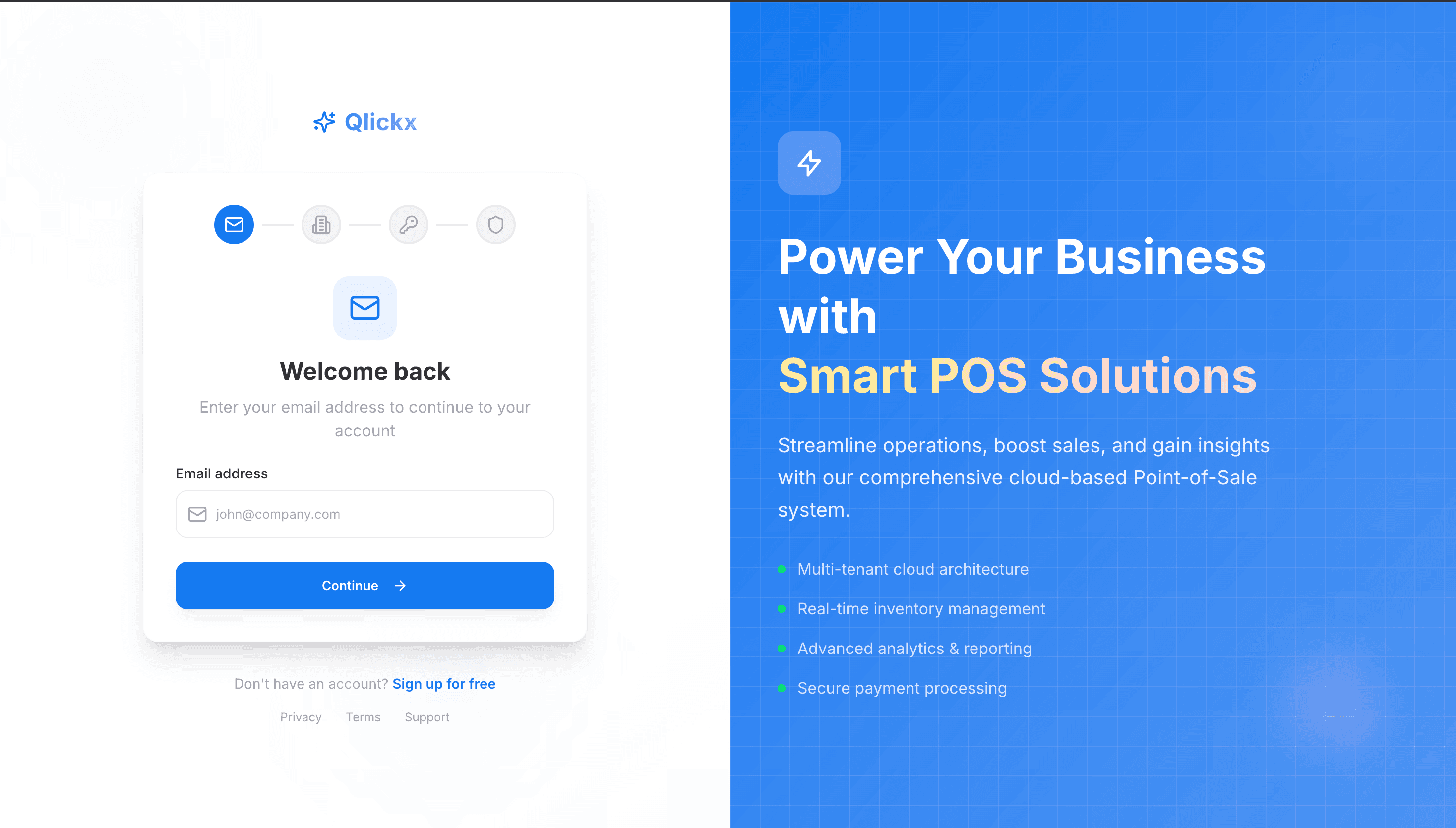 Qlickx login screen and product value proposition
